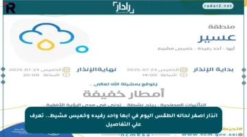إنذار أصفر لحالة الطقس اليوم في أبها وأحد رفيدة وخميس مشيط.. تعرف على التفاصيل